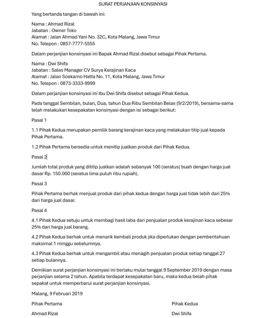 Contoh surat perjanjian konsinyasi untuk produk kerajinan