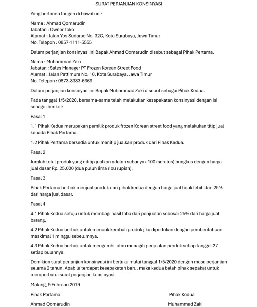 Contoh surat perjanjian konsinyasi untuk produk makanan