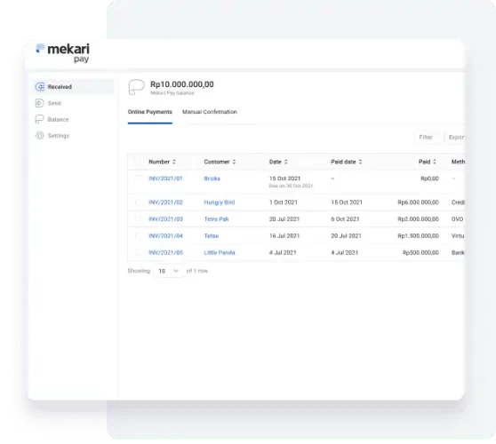 pembayaran diterima pada dashboard Mekari Pay