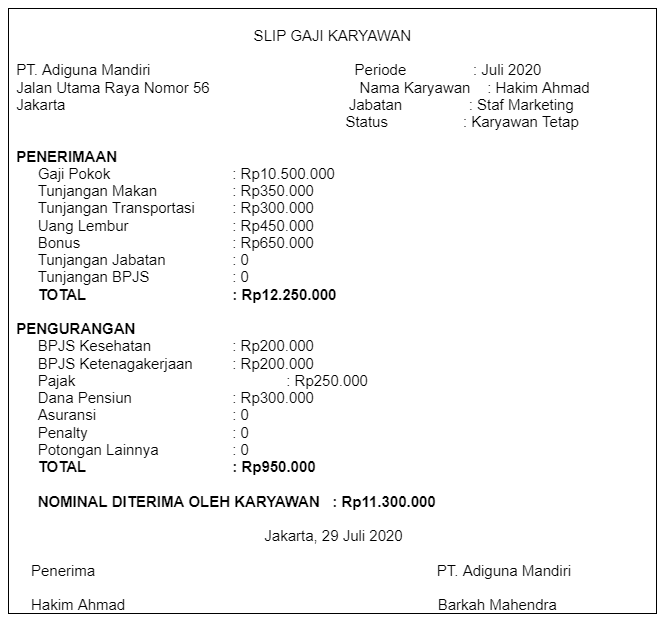 contoh slip gaji bersih dua lajur