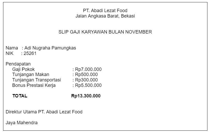 contoh slip gaji bersih tanpa potongan