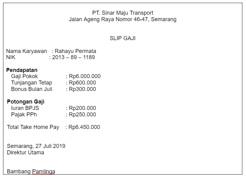 contoh slip gaji bersih