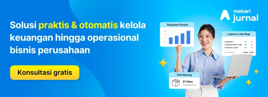 Banner promosi Mekari Jurnal menampilkan wanita tersenyum memegang laptop dan grafik penjualan; teks menawarkan solusi praktis dan otomatis untuk mengelola keuangan serta tombol "Konsultasi gratis" pada latar biru.