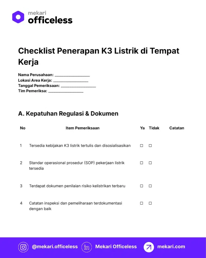checklist penerapan k3 listrik di tempat kerja