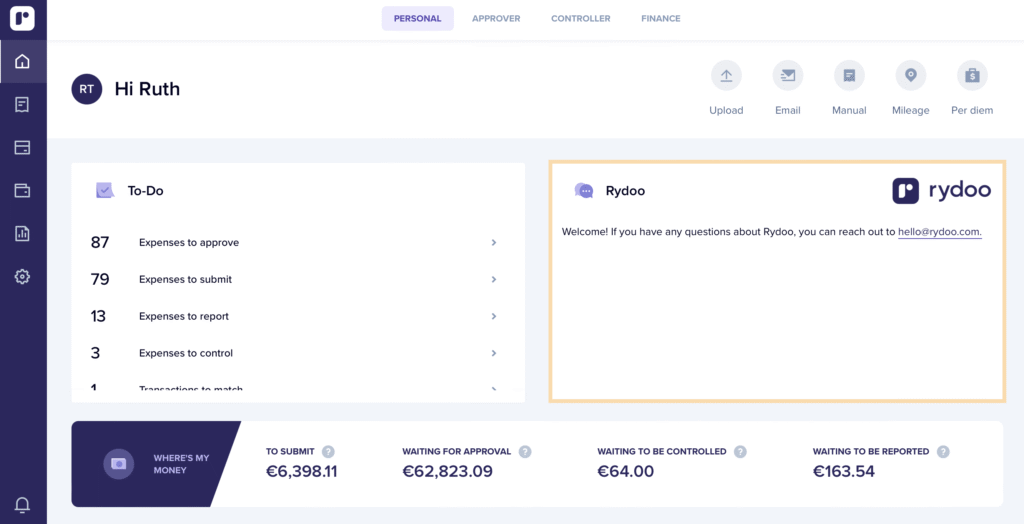 Dashboard Rydoo, salah satu expense management system alternatif volopay