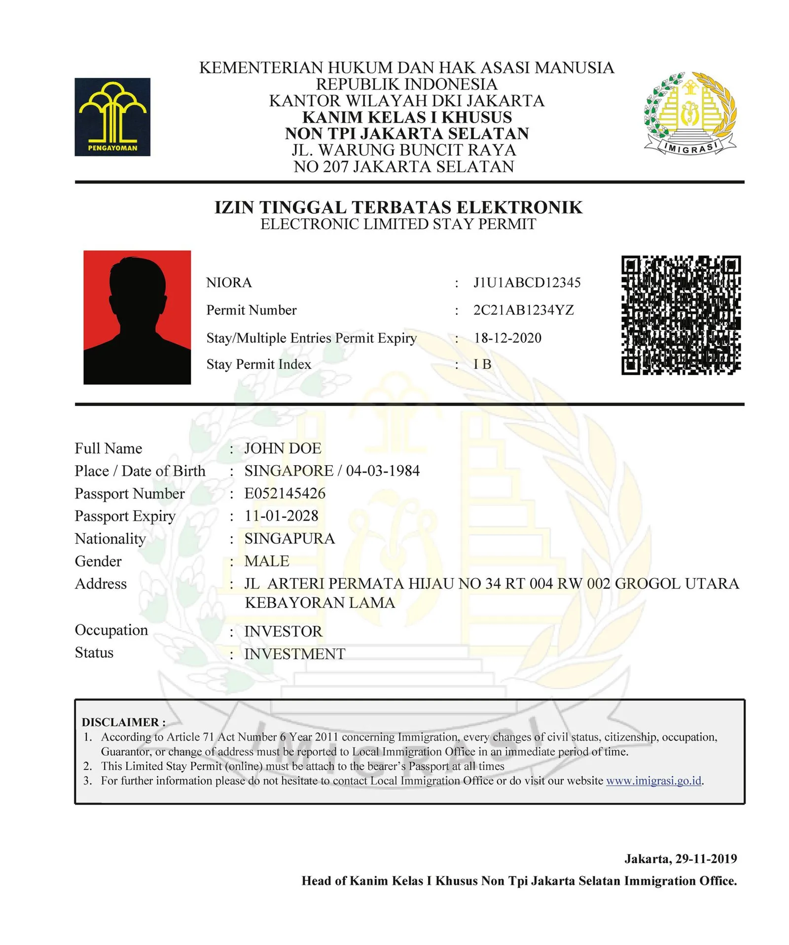 contoh working visa