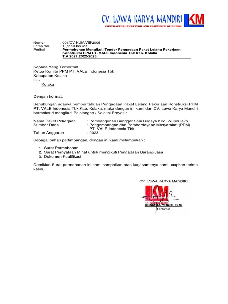contoh surat pernyataan minat tender