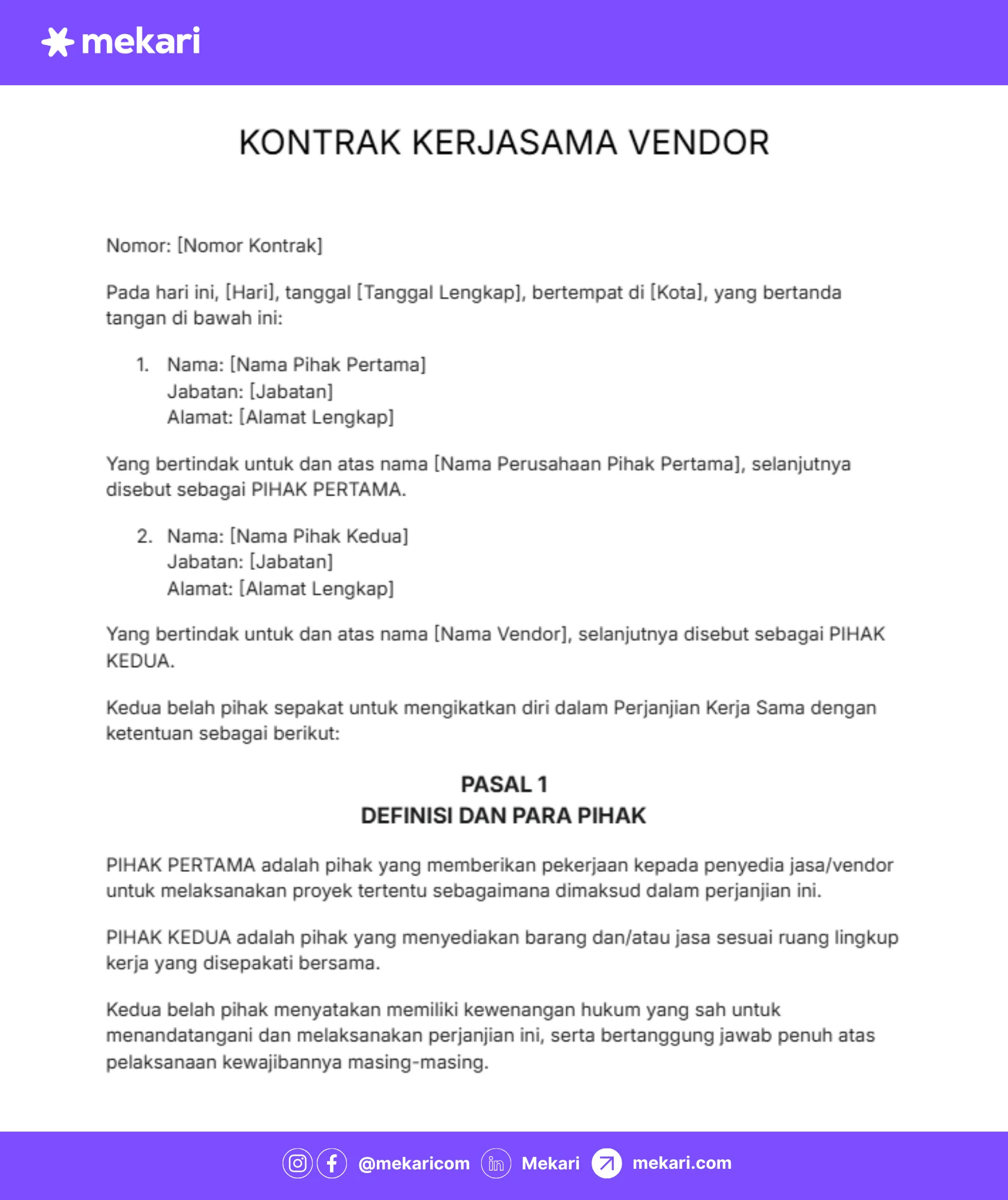template kontrak kerjasama vendor dalam format Word