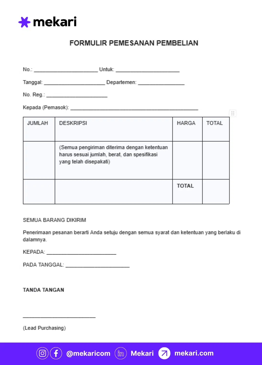 formulir pemesanan pembelian purchasing hotel