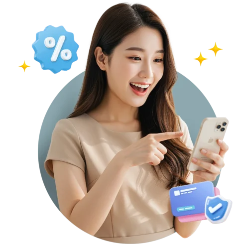Wanita muda tersenyum sambil menunjuk dan memegang ponsel, tampak antusias melihat layar. Latar polos biru dengan ikon persen, kartu digital, dan simbol centang keamanan.