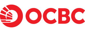 Logo OCBC berwarna merah; simbol bundar bercelah tiga di kiri dan huruf kapital OCBC di kanan, ditampilkan pada latar putih minimalis.