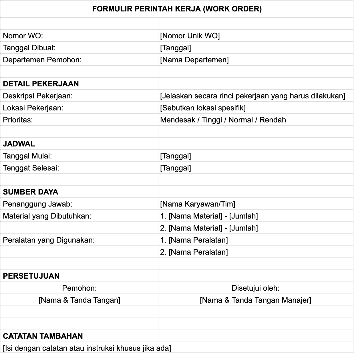 contoh formulir perintah kerja (work order)