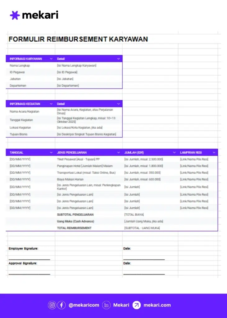 mekari expense template contoh form reimbursement perusahaan format excel