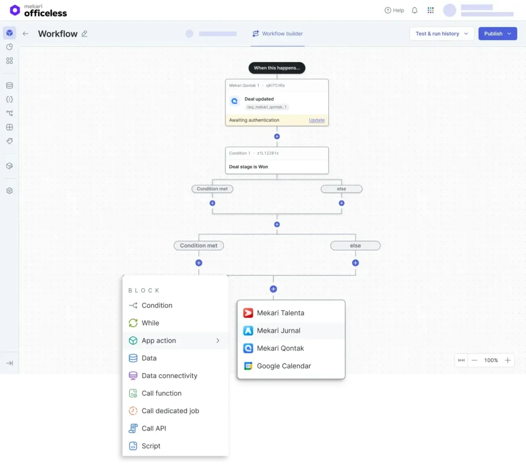 Contoh workflow yang dibangun tanpa coding menggunakan no-code app buillder dari Mekari Officeless