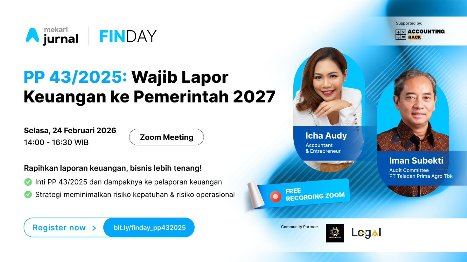 Banner acara webinar yang menyampaikan judul "PP 43/2025: Wajib Lapor Keuangan ke Pemerintah 2027", menampilkan tanggal, foto dua pembicara, dan tombol pendaftaran Zoom.