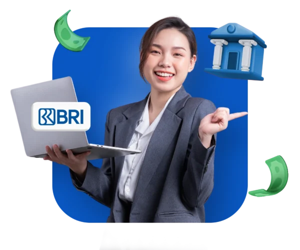 Wanita profesional memegang laptop berlogo BRI, tersenyum sambil menunjuk ke ikon gedung bank; latar biru menampilkan ilustrasi uang kertas yang mengambang.
