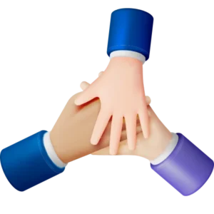 Tiga tangan saling bertumpuk, menunjukkan kerja sama; lengan berpakaian biru dan ungu dengan latar belakang hitam polos.