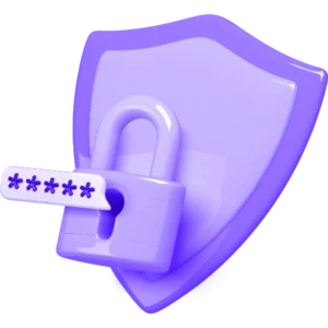 Gembok berwarna ungu sedang terkunci pada perisai ungu mengkilap; di sampingnya muncul balon kata sandi berisi bintang-bintang sebagai simbol keamanan digital.