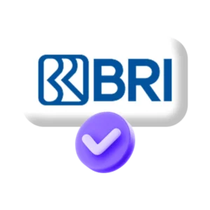 Logo BRI berwarna biru ditampilkan di atas kotak putih, dengan ikon centang ungu melingkar di bawahnya pada latar belakang hitam.