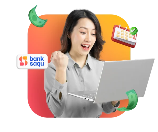 Seorang wanita memegang laptop, tersenyum dan mengepalkan tangan menunjukkan kegembiraan; latar oranye menampilkan logo 