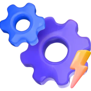 Dua roda gigi biru dan ungu saling terkait, disertai petir oranye yang menandakan daya atau kecepatan, tampil bergaya 3D mengambang pada latar hitam/transparan.