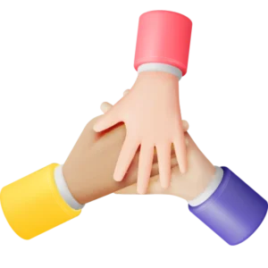 Tiga tangan berwarna berbeda ditumpuk satu di atas lainnya; lengan memakai manset merah, kuning, dan ungu, pada latar gelap polos.