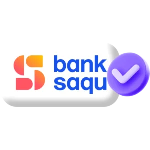 Logo Bank Saqu menampilkan simbol "S" bergradasi oranye-merah sebagai objek utama, dilengkapi teks biru bank saqu dan ikon centang ungu di latar putih dengan bayangan.