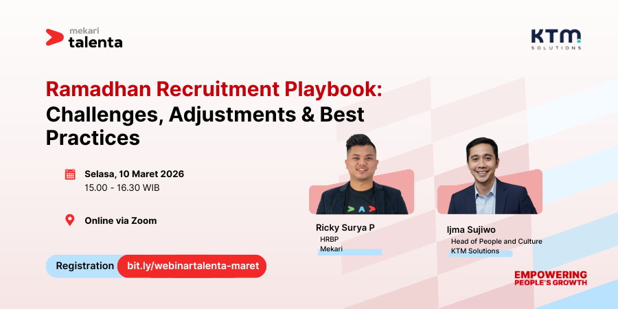 Poster acara "Ramadhan Recruitment Playbook" mengumumkan webinar tentang tantangan dan praktik rekrutmen, menampilkan logo perusahaan, tanggal dan waktu, lokasi online via Zoom, serta tautan pendaftaran.