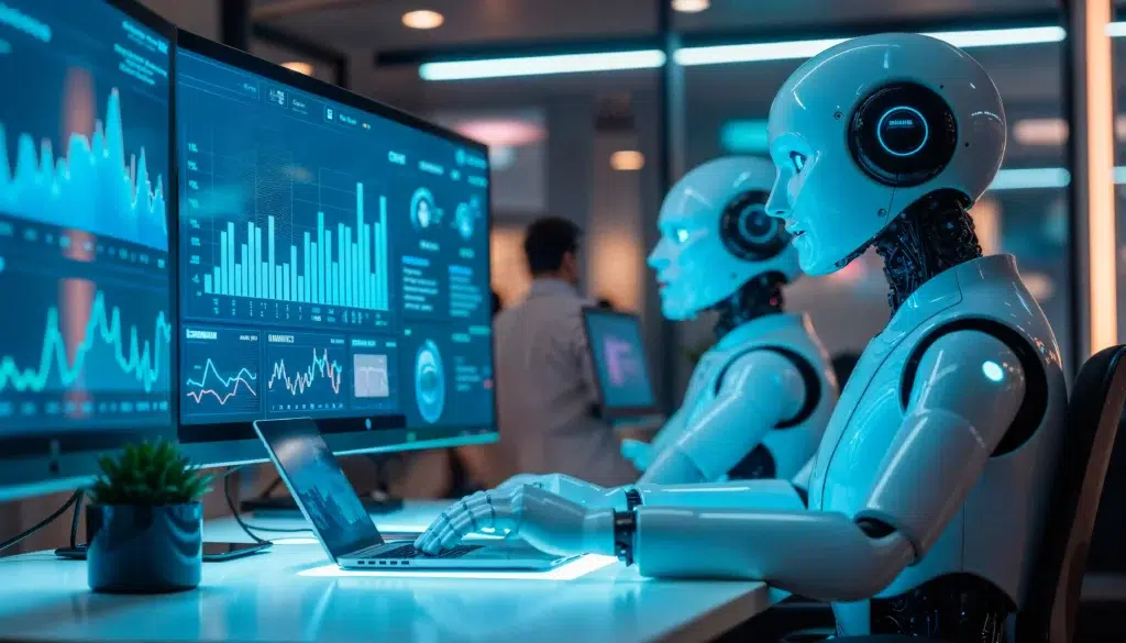 Ilustri Data Pertumbuhan Penggunaan AI di Enterprise yang sedang dianalisis robot sebagai ilustrasi AI itu sendiri