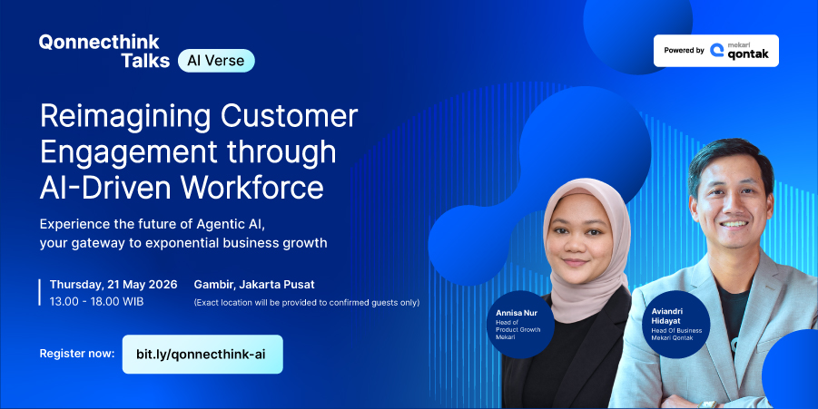 Poster acara konferensi AI menampilkan judul besar dan informasi acara, latar gradasi biru dengan dua sosok berwajah diburamkan di kanan serta elemen grafis melingkar.